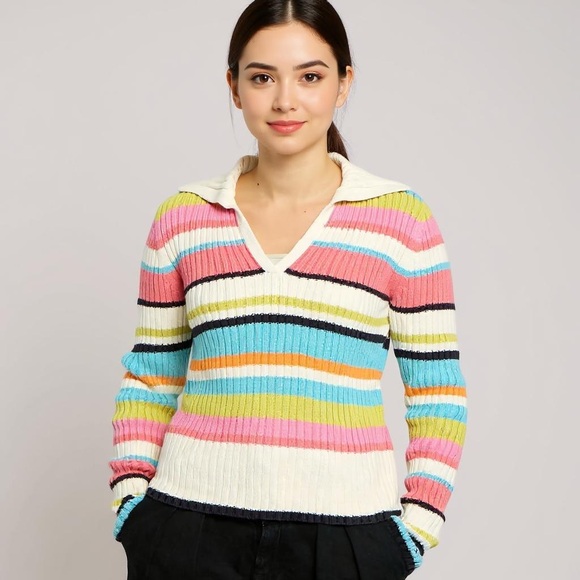 Tommy Hilfiger Stripped V Neck Collard Cozy Sweater Women Size Medium - Picture 3 of 12